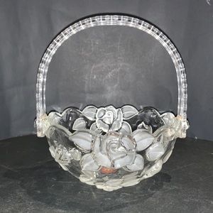 Clear Glass Basket with Collapsible Acrylic Handle, Roses Frosted Leaves